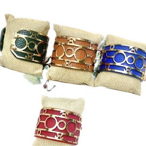 Leather / Gold tone wide Bracelets in Green, Red, Beige and Blue so luxury